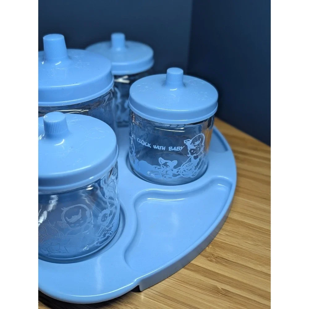 Vintage Baby Nursery BLUE Vanity Changing Table Glass Jar Set W/Tray Lids 1950s